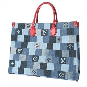 Louis Vuitton Monogram Handbag Bag Blue Denim OnTheGo Tote Leather Red